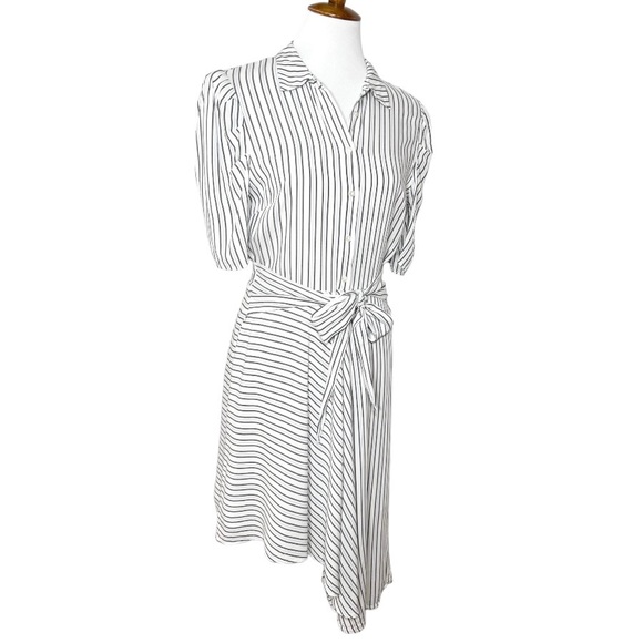 1. State White Pinstripe Tie Waist Asymmetrical High Low Short Sleeve Shittdress - Picture 6 of 12